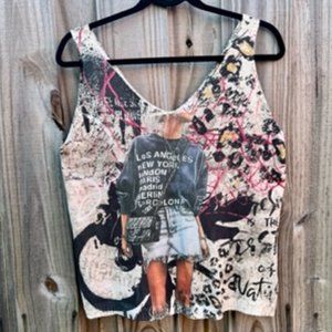 Sleeveless Girl On The Run V Neck Graphic Top/ Medium/ Multicolored